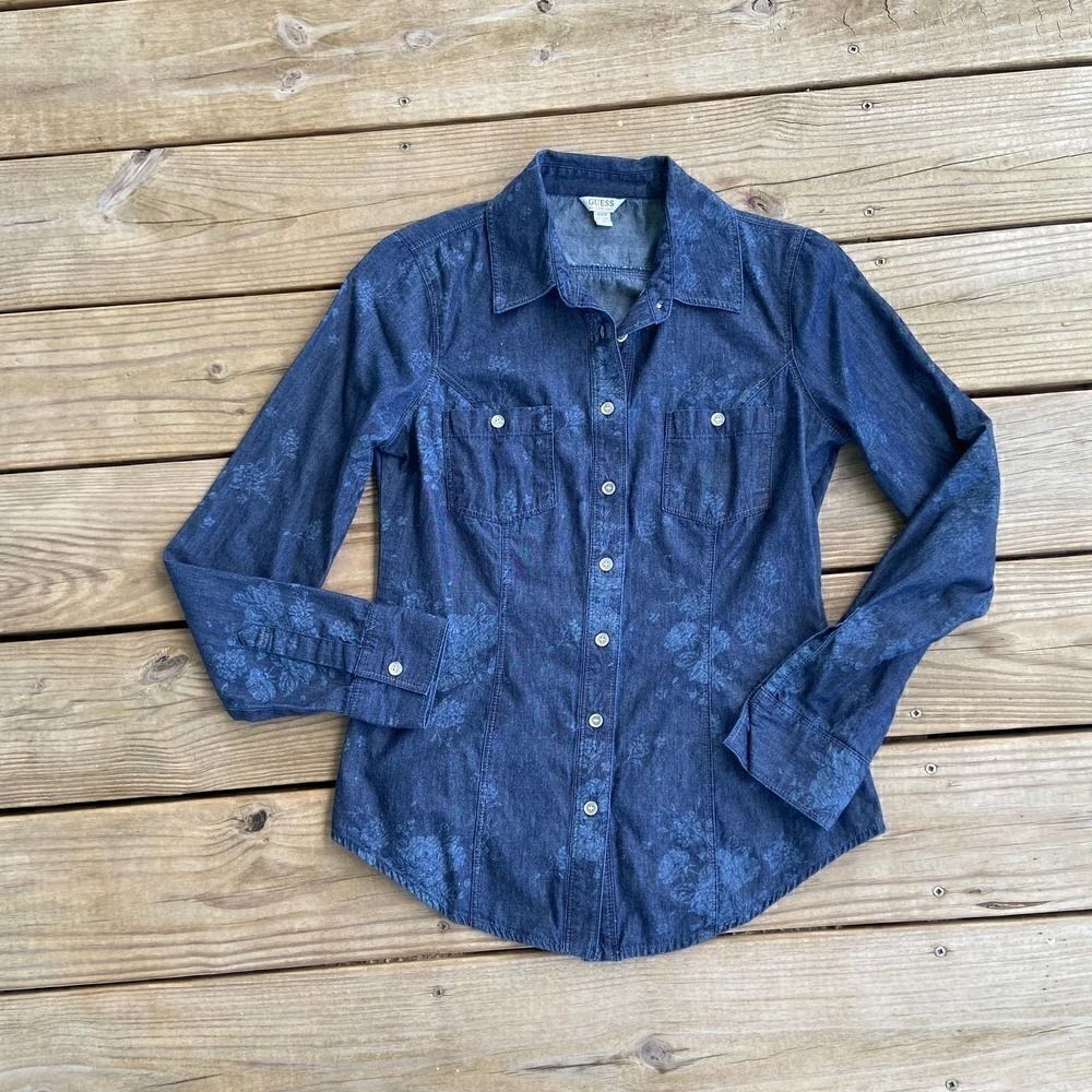Guess Dark Wash Denim Floral Button Down Shirt XS